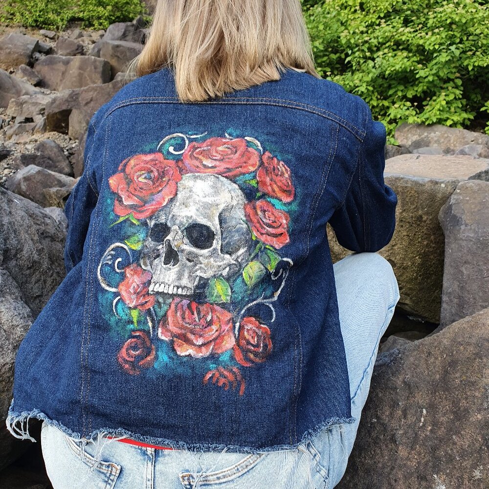 Scull Painted Denim Jacket, Handmade Painted Jacket, Jean Jacket Painted Scull